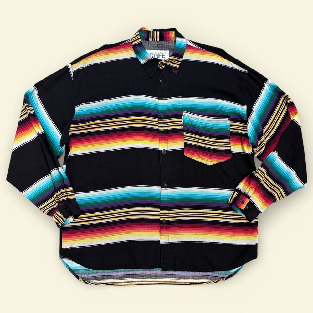Vintage CAFE Styled in Italy Multi Color Western Stripe Black Button Down Shirt